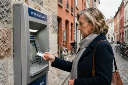 Femme utilisant un distributeur automatique de La Banque Postale pour retirer de l'argent sur une façade extérieure de bureau de poste en France