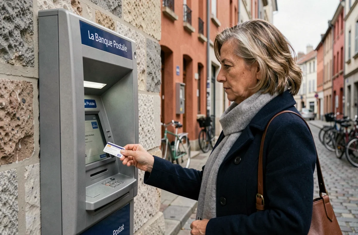 Femme utilisant un distributeur automatique de La Banque Postale pour retirer de l'argent sur une façade extérieure de bureau de poste en France