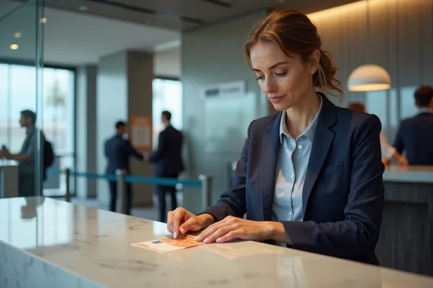Femme dans une banque échangeant un billet de 100 euros en dollars au guichet