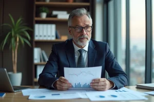 Economiste homme en costume analysant des graphiques dans un bureau