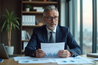 Economiste homme en costume analysant des graphiques dans un bureau