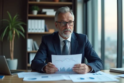 Economiste homme en costume analysant des graphiques dans un bureau