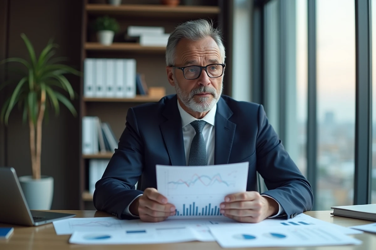 Economiste homme en costume analysant des graphiques dans un bureau