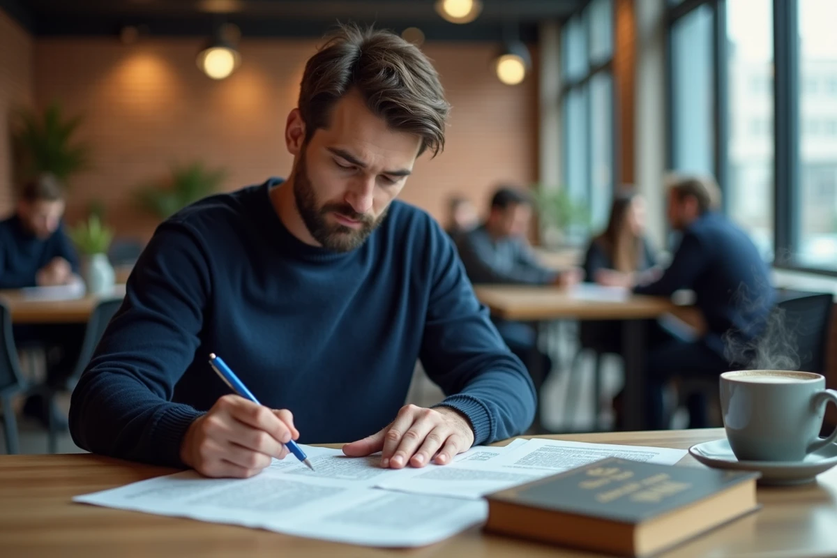 Écrivain analysant ses contrats d'édition et relevés de droits d'auteur dans un espace de co-working moderne