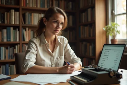 Écrivaine dans son bureau à domicile entourée de manuscrits et d'un ordinateur affichant ses revenus d'auteure