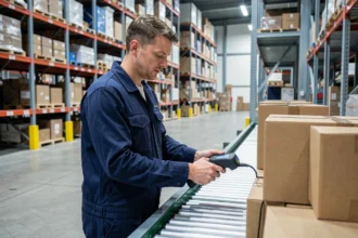 Employé non qualifié travaillant dans un entrepôt logistique en Allemagne, scannant des colis sur un tapis roulant industriel