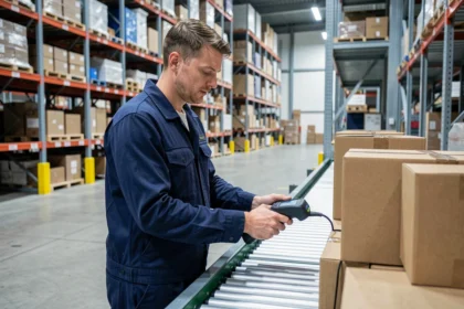 Employé non qualifié travaillant dans un entrepôt logistique en Allemagne, scannant des colis sur un tapis roulant industriel