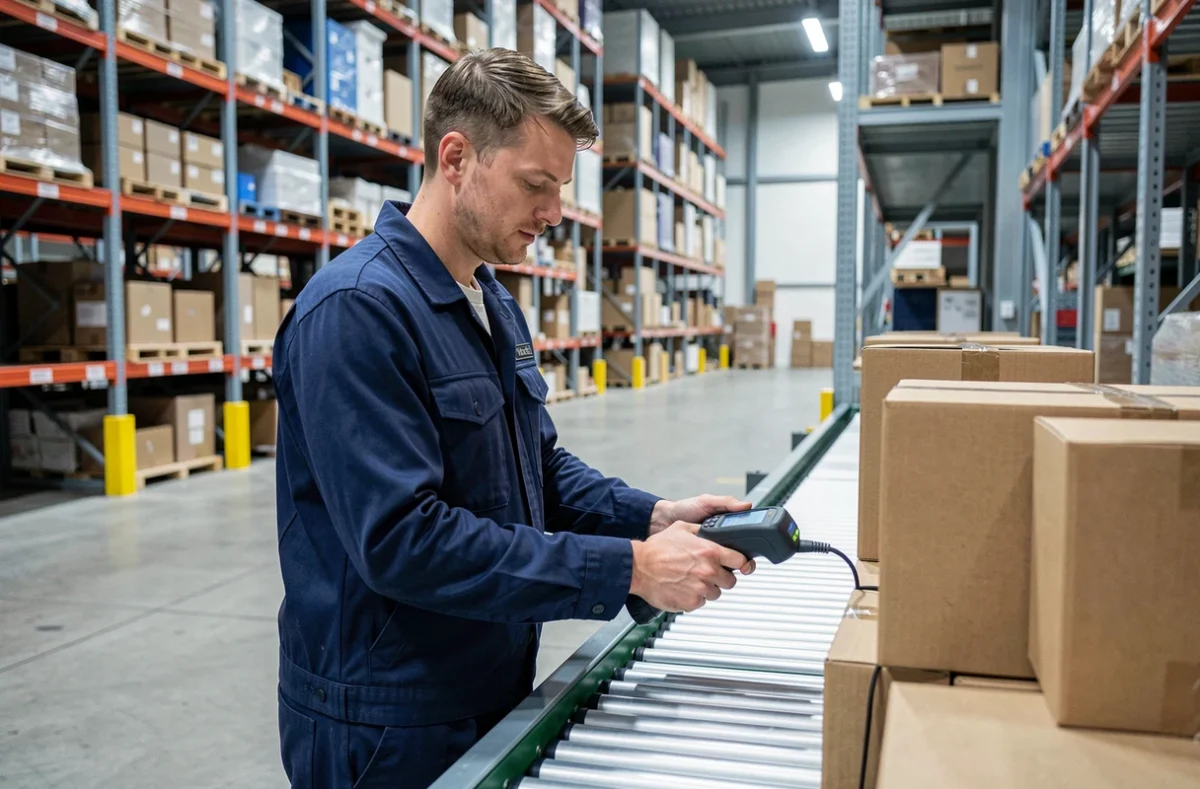 Employé non qualifié travaillant dans un entrepôt logistique en Allemagne, scannant des colis sur un tapis roulant industriel