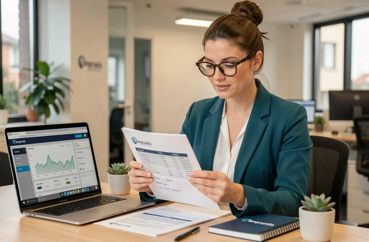 Conseillère Empruntis examinant un rapport de comparaison de prêts immobiliers à son bureau en agence
