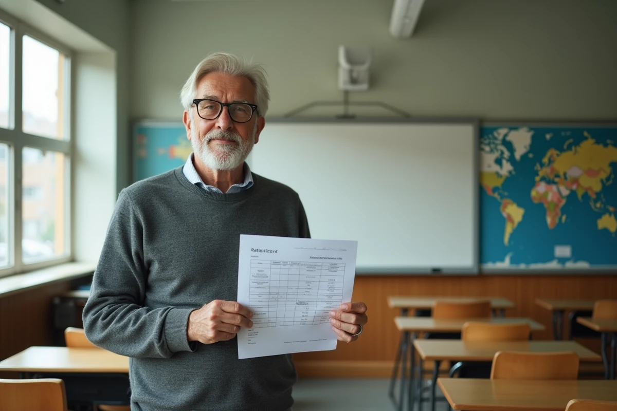 Enseignant âgé tenant un document de simulation de retraite dans une salle de classe vide avant son départ
