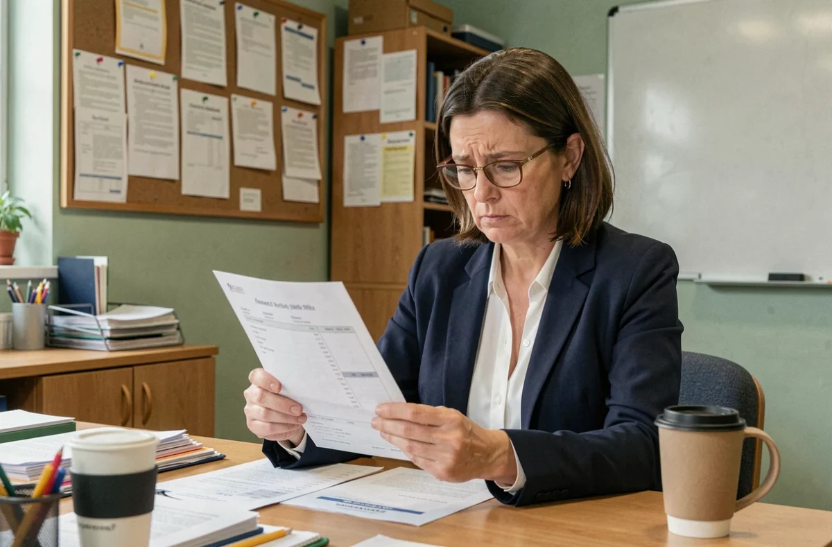 Enseignante de l'éducation nationale qui examine sa fiche de paie dans la salle des professeurs