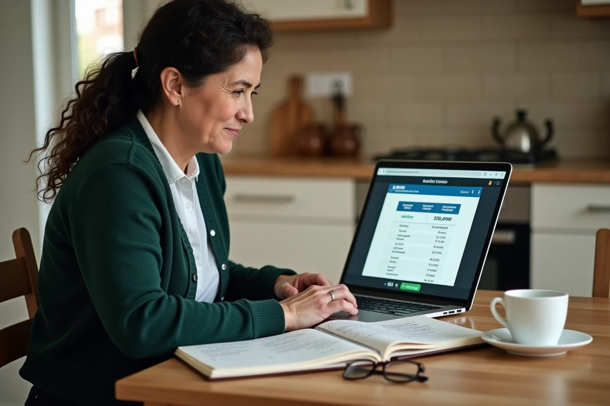 Enseignante à domicile utilisant un simulateur en ligne pour estimer son salaire et sa pension de retraite