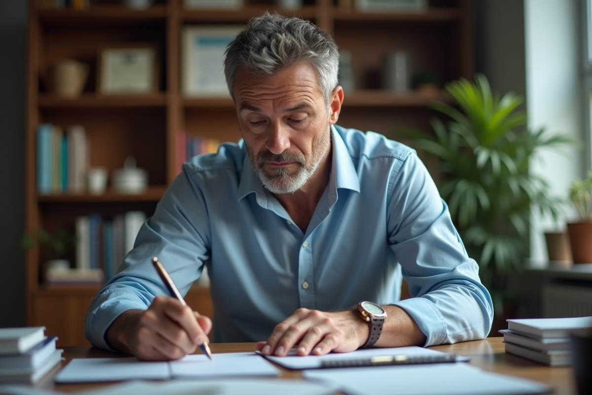 Un entrepreneur compare des notes SAS et SARL dans son bureau à domicile