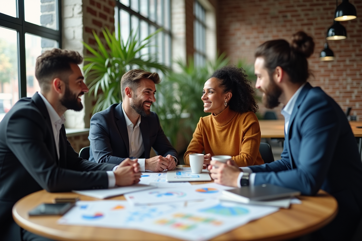 Groupe de collègues en discussion dans un espace de coworking