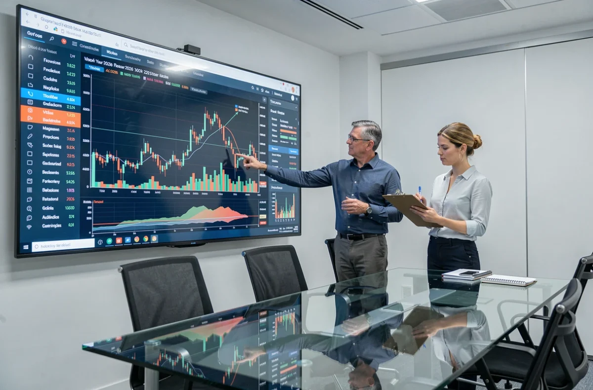 Deux professionnels de la finance analysant ensemble un tableau de bord de prévisions boursières 2026 sur un grand écran mural