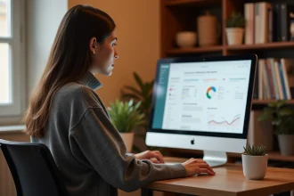 Femme utilisant Mon Espace Nickel sur ordinateur de bureau à domicile