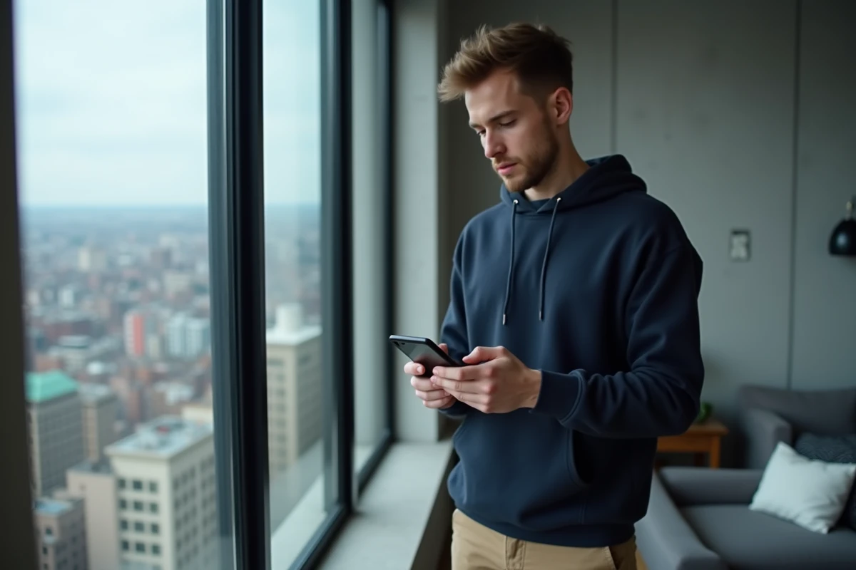 Homme consultant Mon Espace Nickel sur smartphone dans appartement moderne