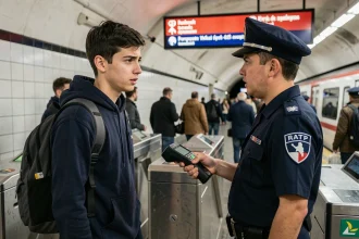 Étudiant face à un contrôleur RATP dans le métro parisien lors d'un contrôle de titre de transport