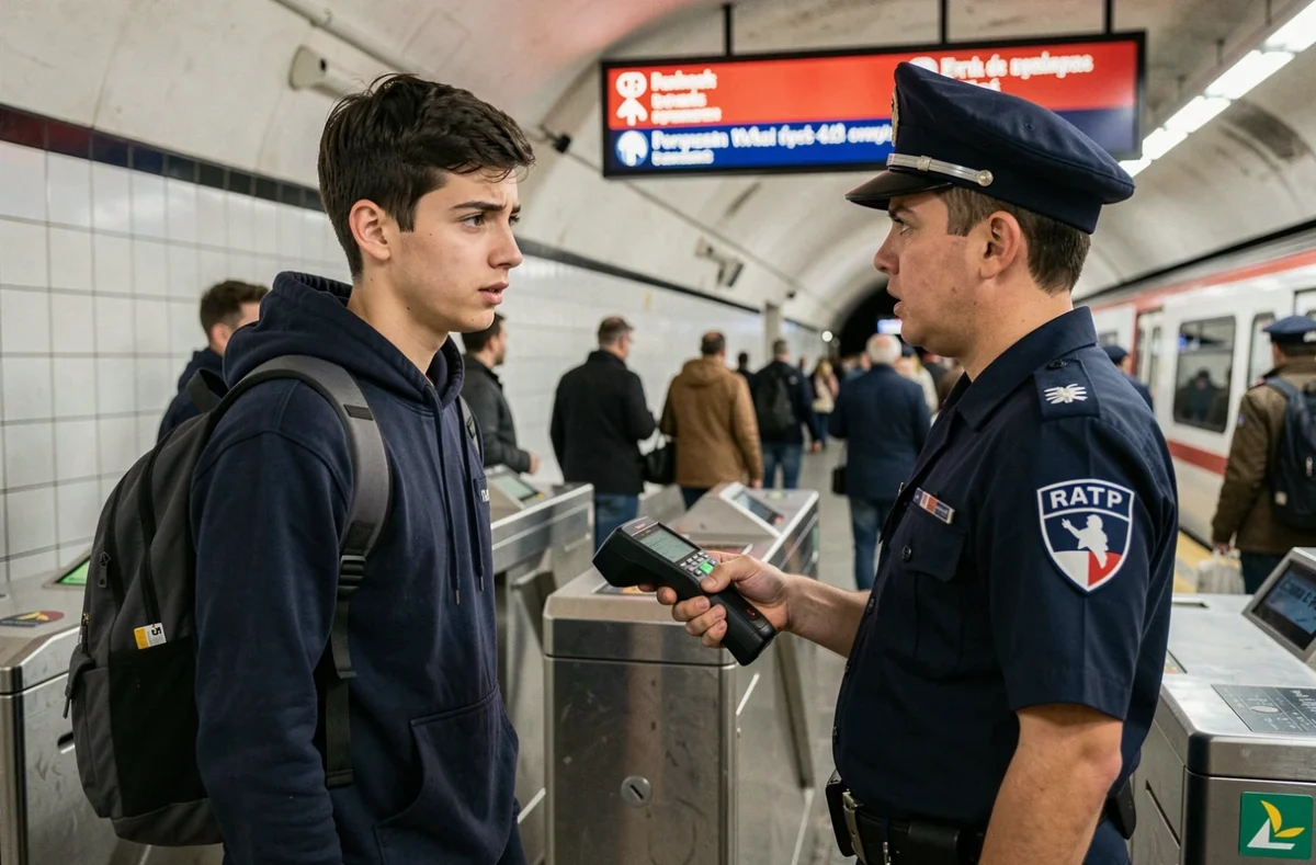 Étudiant face à un contrôleur RATP dans le métro parisien lors d'un contrôle de titre de transport