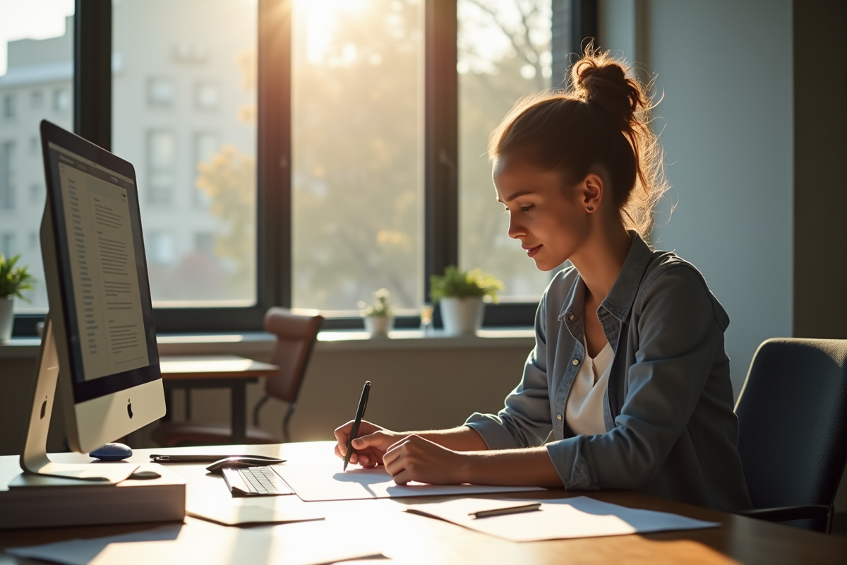 Etudiant en universite remplissant papier de stage dans un bureau lumineux