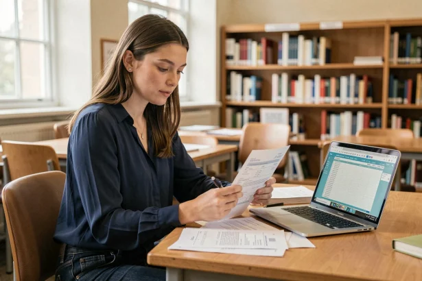 Jeune étudiante examinant un contrat de travail et une fiche de paie à un bureau en bois dans une bibliothèque universitaire