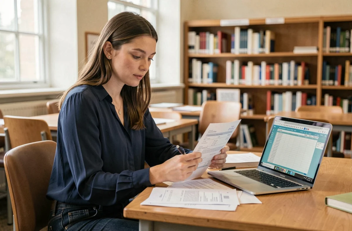 Jeune étudiante examinant un contrat de travail et une fiche de paie à un bureau en bois dans une bibliothèque universitaire