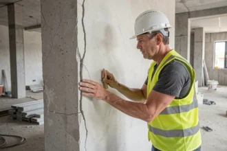 Expert en bâtiment inspectant une fissure structurelle sur un mur intérieur dans le cadre de la garantie décennale