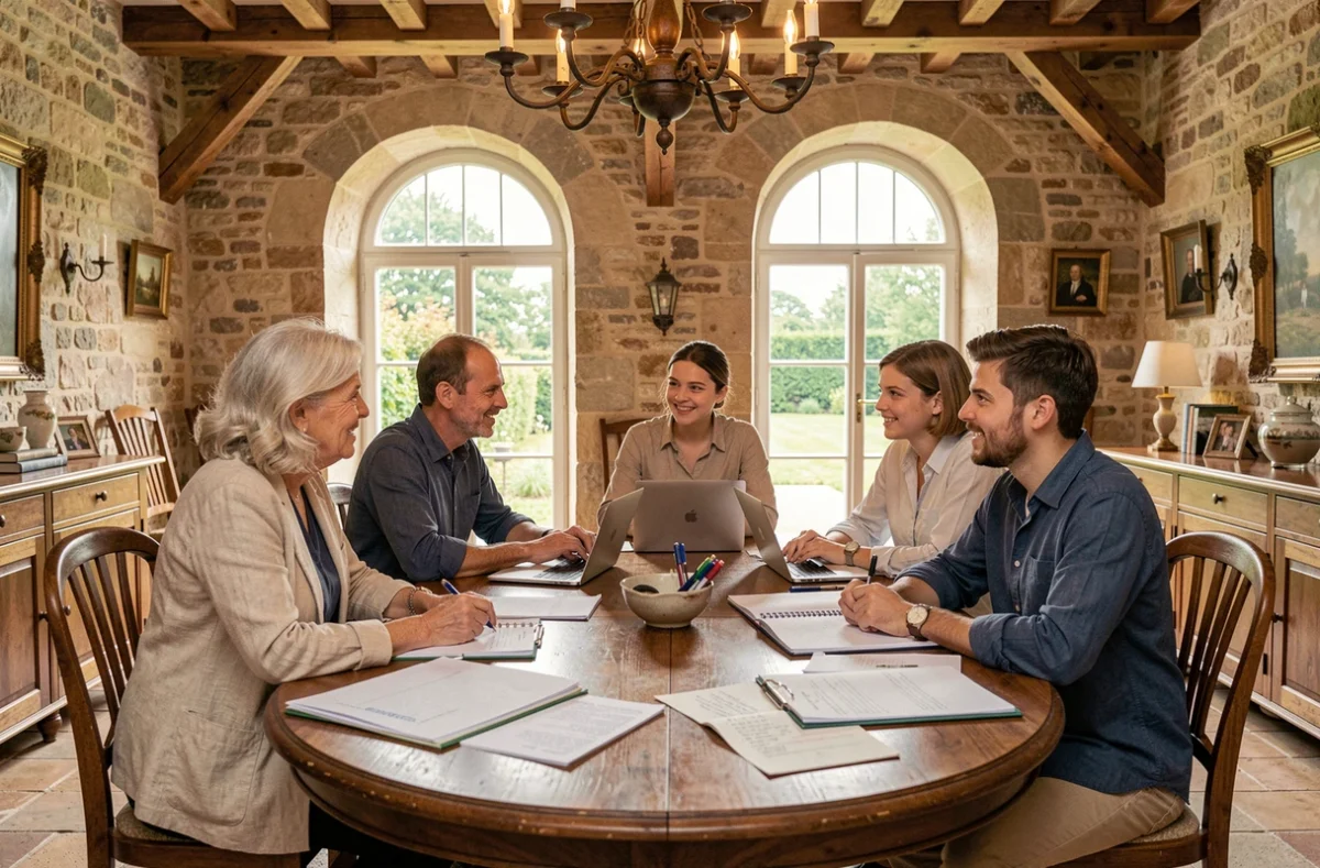 Famille multigénérationnelle réunie autour d'une table pour discuter de la transmission du patrimoine dans une maison de campagne française