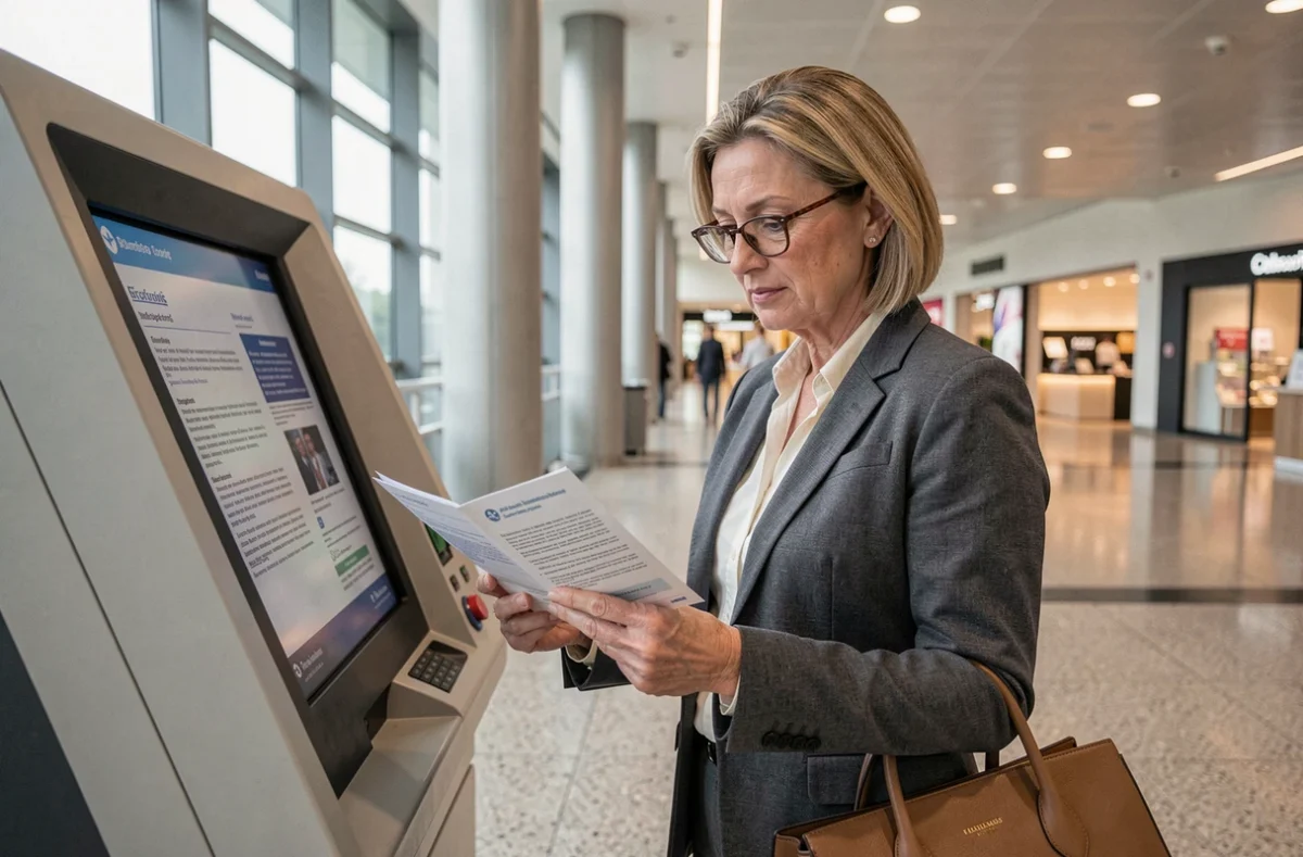 Femme d'affaires lisant attentivement les conditions d'une assurance voyage dans un aéroport avant un vol Ryanair