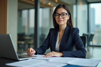 Femme d'affaires confiante en costume navy lors d'une organisation