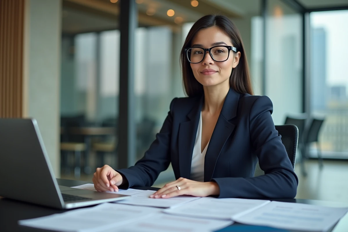 Femme d'affaires confiante en costume navy lors d'une organisation