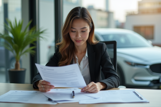 Femme d affaires examinant documents de financement voiture
