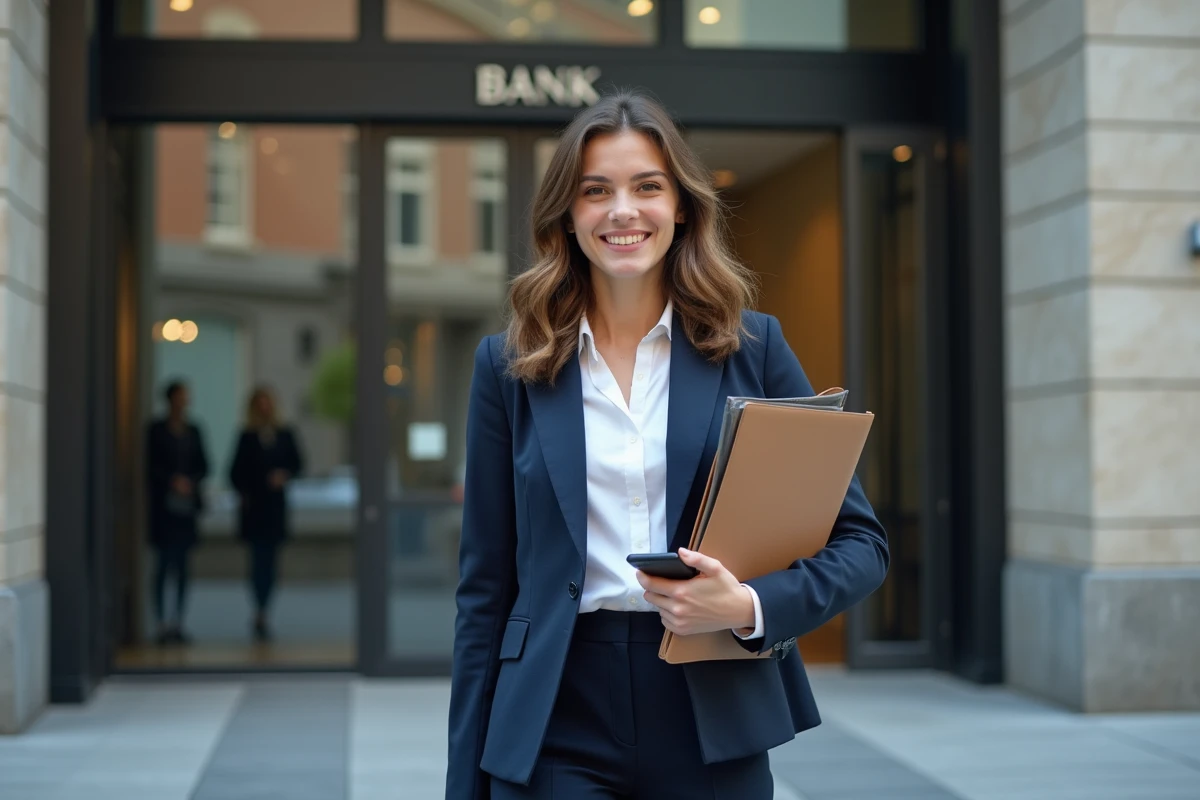 Jeune femme en blazer tenant un dossier devant une banque moderne
