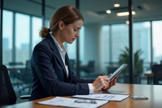 Femme d'affaires européenne analysant des graphiques sur tablette