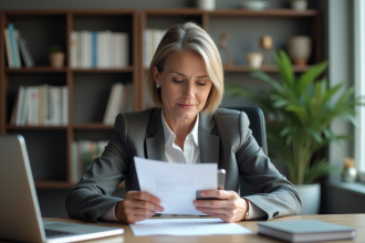 Femme d'affaires vérifiant ses détails bancaires sur smartphone