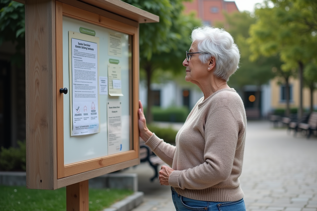 Femme regarde une affiche sur la retraite dans un square