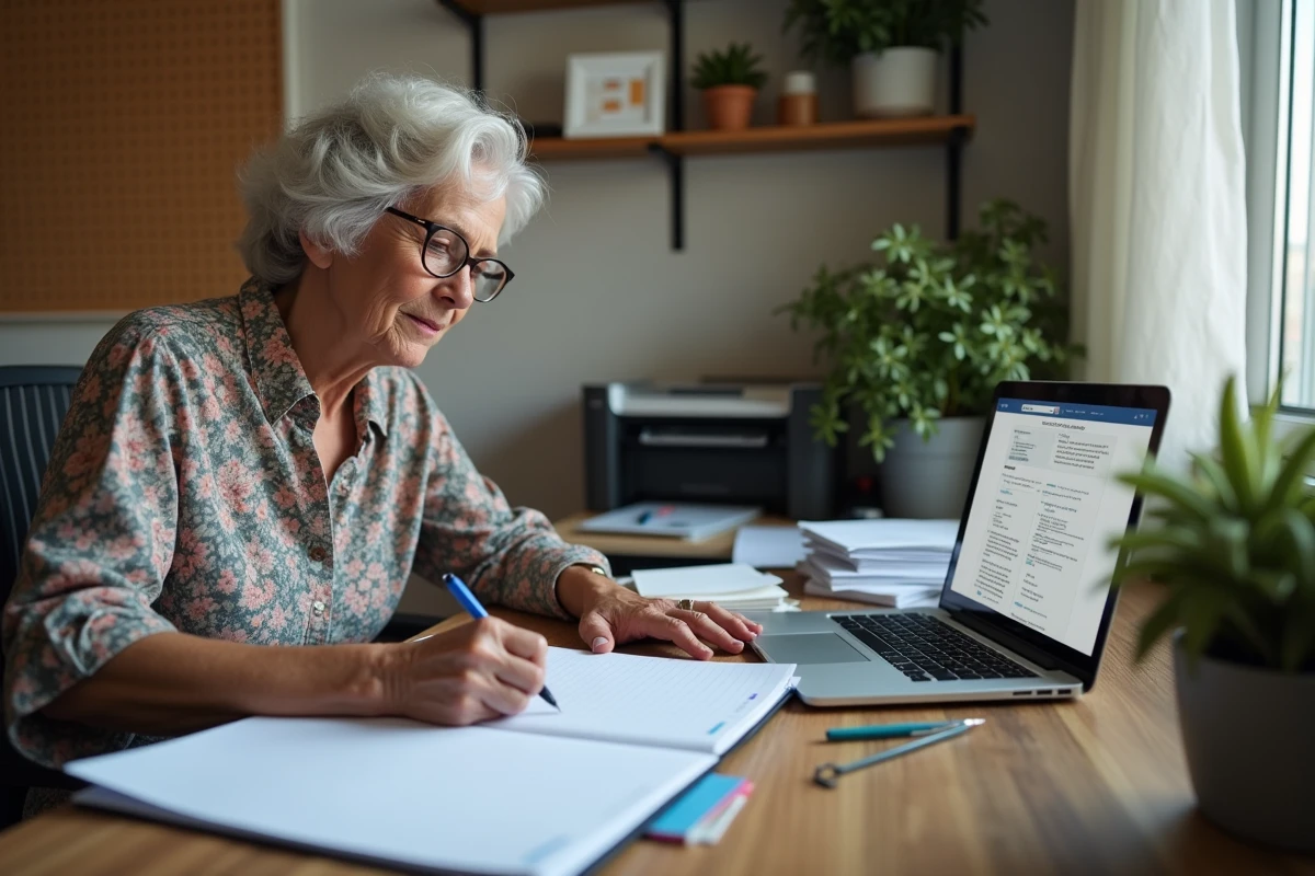 Femme âgée notant les dates de versement CAF 2026 dans un agenda papier devant un ordinateur