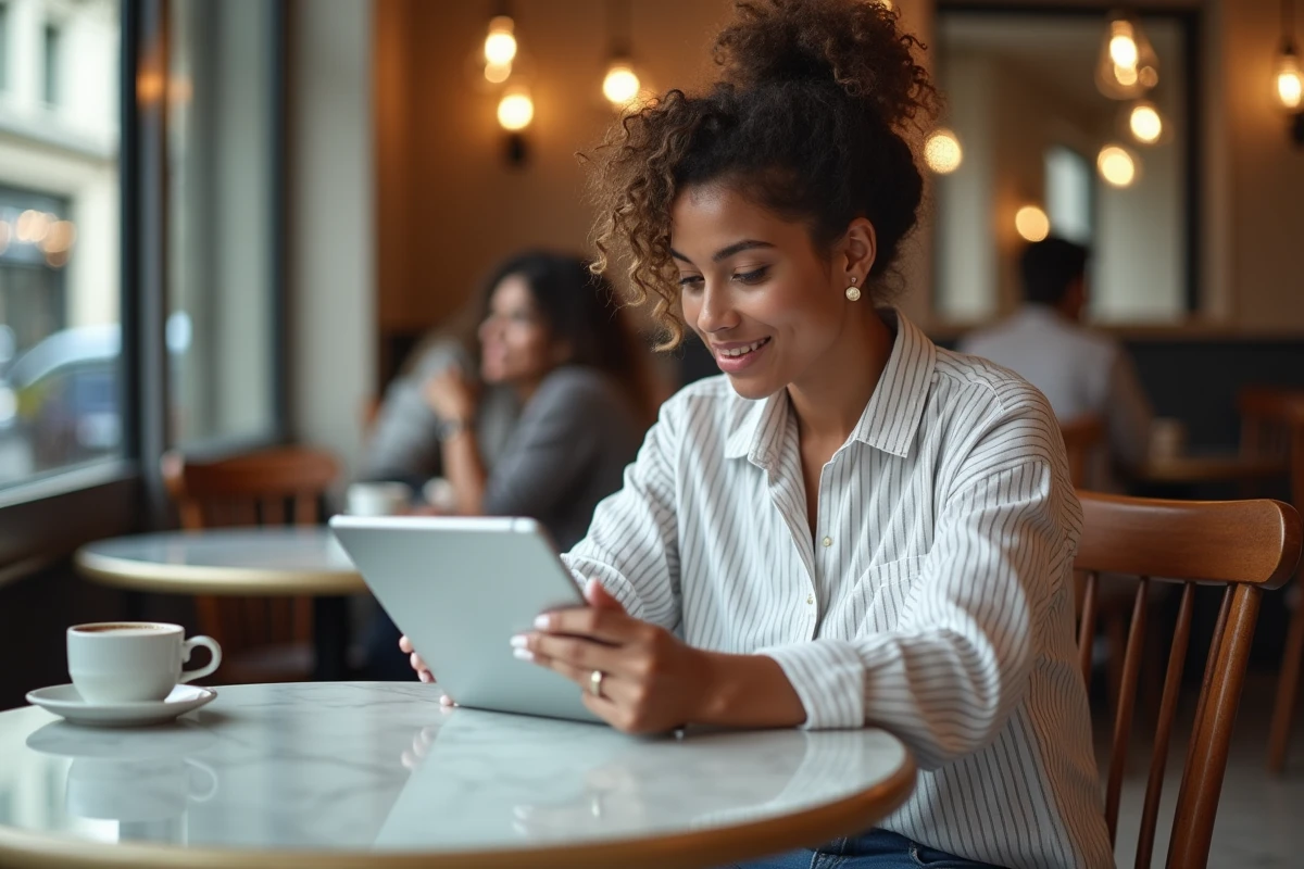 Jeune femme consultant le centre d'aide PayPal sur tablette dans un café parisien