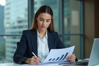 Femme d'affaires analysant un graphique financier au bureau