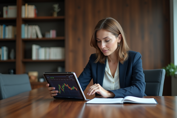 Femme en costume analysant des finances sur une tablette