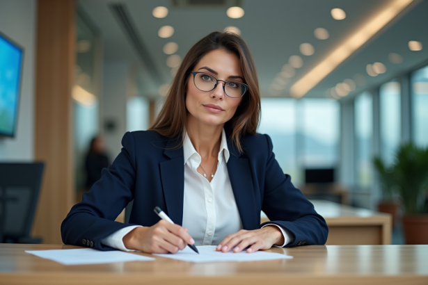 Femme confiante dans une banque moderne en train de remplir des documents