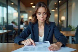 Femme banquière analysant un rapport de surveillance de crédit dans un bureau financier moderne