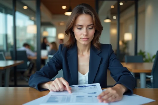 Femme banquière analysant un rapport de surveillance de crédit dans un bureau financier moderne