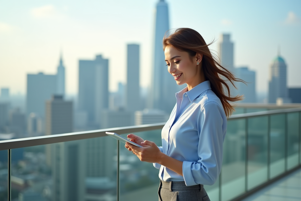 Jeune femme souriante consulte des tendances boursieres sur une tablette