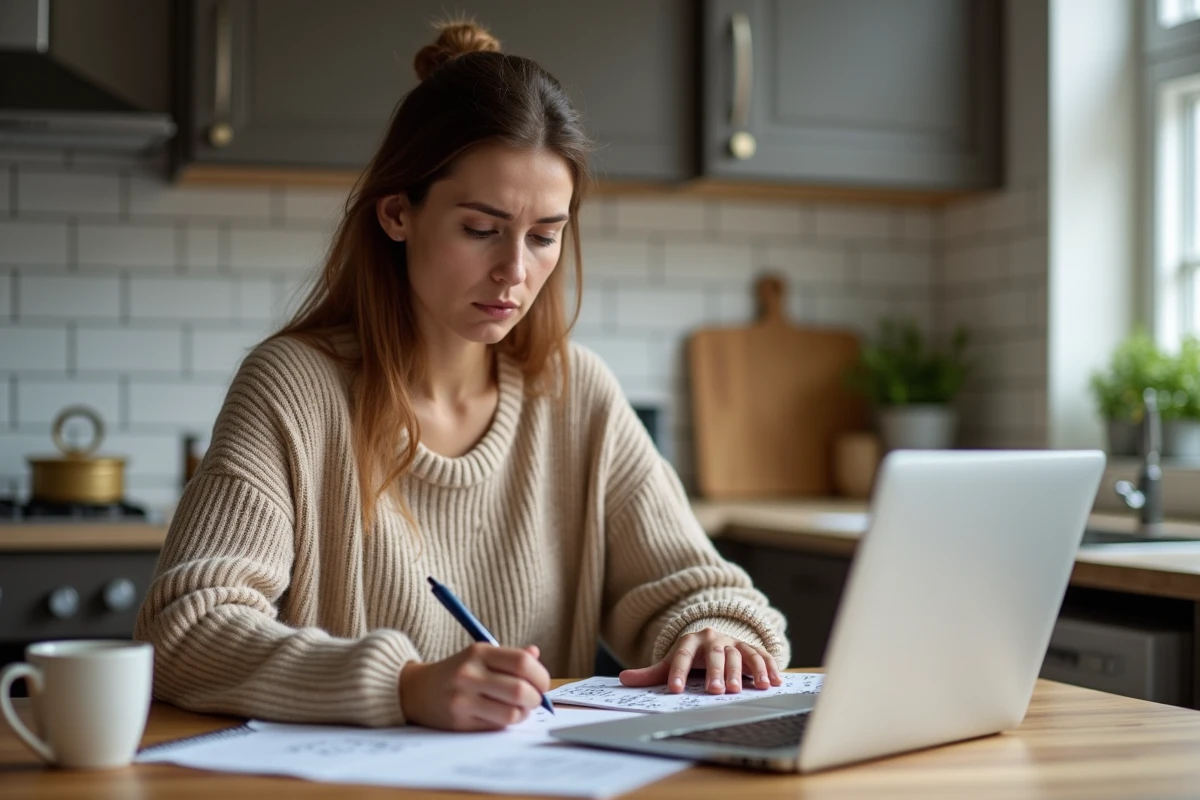 Femme consultant des documents budgétaires et son ordinateur portable pour éviter les pièges des remises et cashback après un remboursement