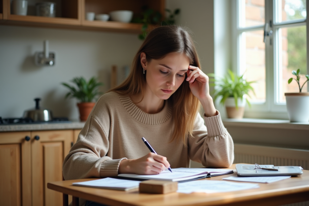 Femme réfléchissant à ses dépenses mensuelles dans la cuisine
