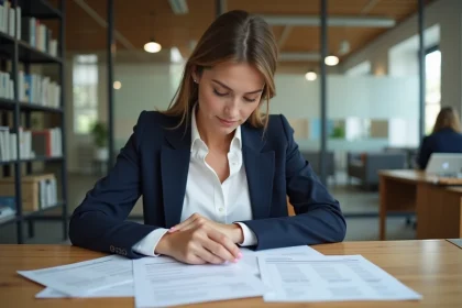 Femme en bureau consultant des documents fiscaux et des reçus de repas pour sa déclaration d'impôt 2026