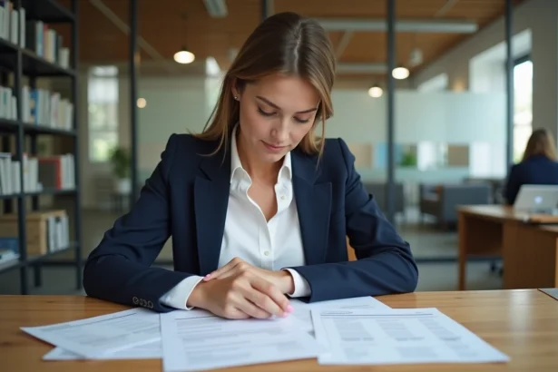 Femme en bureau consultant des documents fiscaux et des reçus de repas pour sa déclaration d'impôt 2026