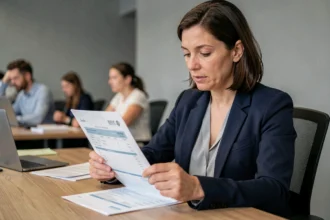 Femme en bureau examinant attentivement une fiche de paie, illustrant le calcul du salaire net à partir d'un brut de 30000 euros