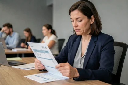 Femme en bureau examinant attentivement une fiche de paie, illustrant le calcul du salaire net à partir d'un brut de 30000 euros